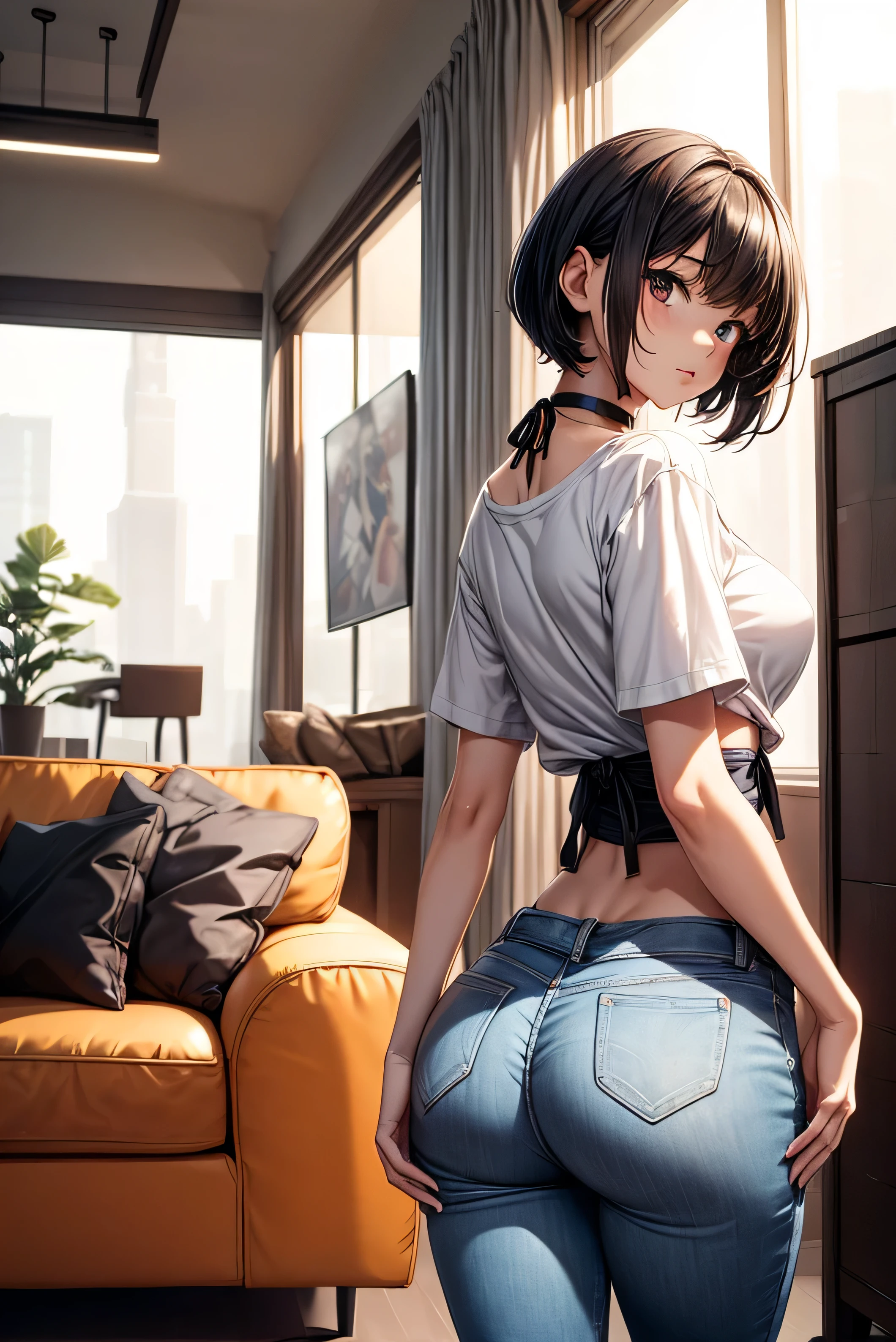 masterpiece, best quality, high definition images, atmospheric perspective, expressive eyes, perfect face, ultra detailed, solo, 1mature seductive woman leaning forward, sticking butt, bending over, back view, alluring pose, black short hair, boyish look, T-shirt, skinny denim pants, large butt, hip line, panties line, curvy, thighs, calm smile, from directly below,