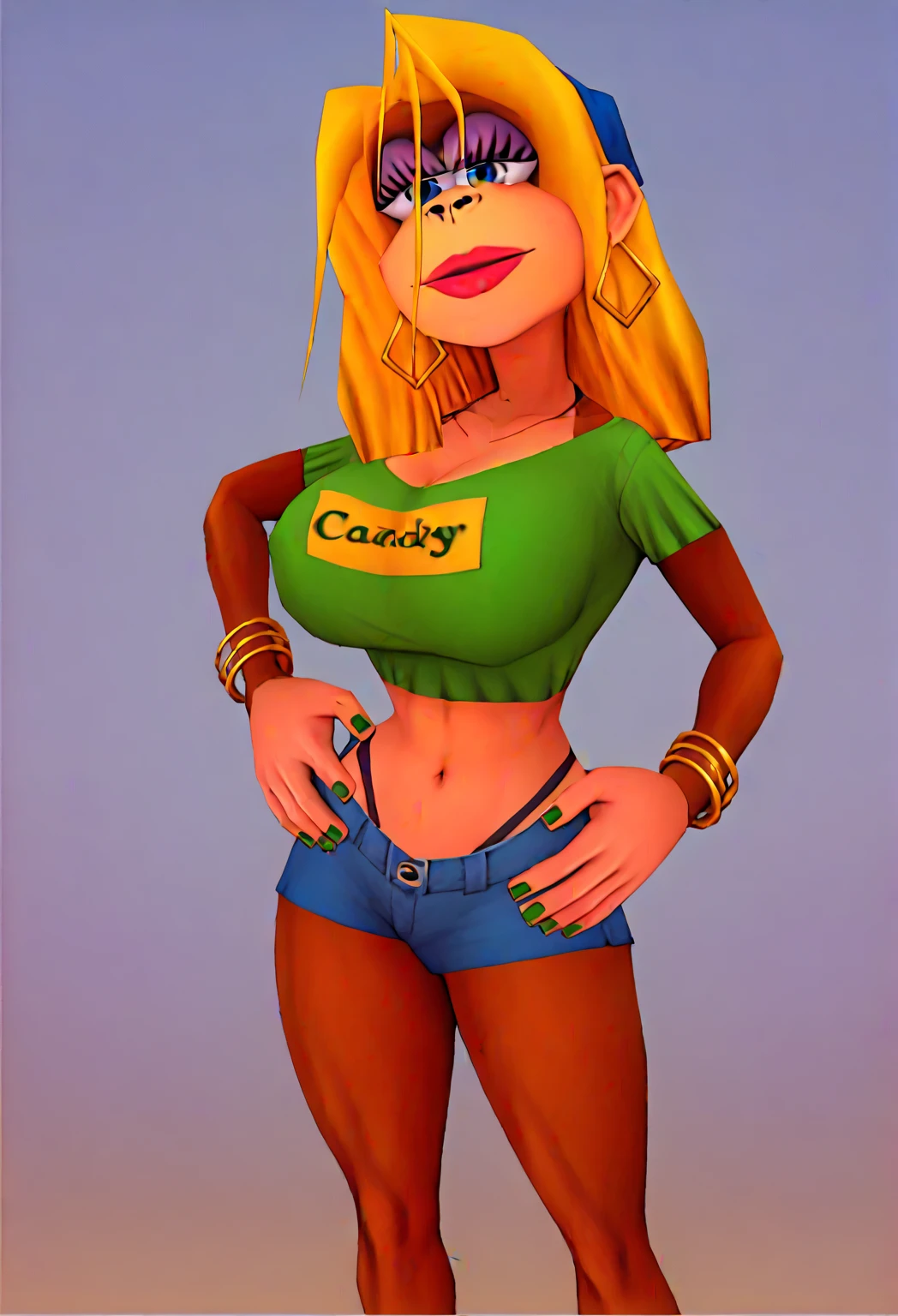 Donkey Kong 64 anime art style, HD, high quality, detailed image. Candy Kong, female Kong, furry, humanoid, with tan skin and reddish brown fur, blue eyes and blonde hair. She has gold hoop earrings, gold bracelets on both wrists and wears green nail polish. She has sunglasses on top of her head. 1 Monkey girl, body with very pronounced curves, large breasts, wide hips and thick thighs. She wears a yellow Brazilian national team t-shirt, very short and tight dark blue denim shorts with the zipper open, showing the bikini strap at the waist and bare feet. Sensual face, smiling slightly. Character standing, looking at the viewer and holding a can of soda in one hand. Wide shot. Beach background.