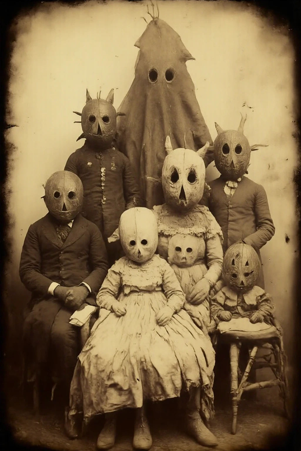 Daguerreotype photograph, tintype, 1885
Wired weirdcore, strange station, creepy creepstyle, A very startling old photo of a large family wearing homemade masks on Halloween. There is a ghost in an old sheet levitating off to the side. The photo is very old and is brown and yellowed with age. Scary and haunting. Ultra-realistic, photorealistic, portrait photography, ethereal atmosphere,  surreal elements, haunting, sensual, unsettling, eerie, gothic, macabre, melancholic, dark fantasy, scary, startling, bizarre, creepy, unnerving, freaky, odd, unusual. 