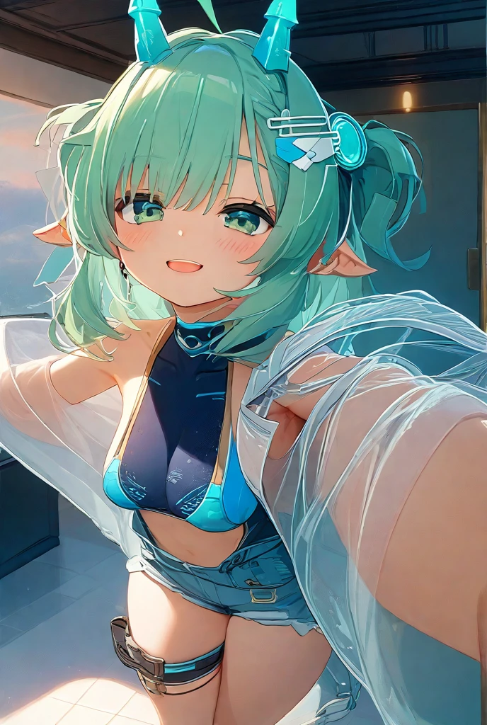 Nighttime Lakeabsurderes:2.0、blue sky Beach, realistic, Unity 8K Wallpaper, Masterpiece, Realistic face, high detailed eyes, Realistic skin feeling ,detailed hair, highly detailed, realistic glistening skin, detailed background, oily skin, (high-key lighting、Front Light:1.3、 dramatic angle), (solo, sexy ,25 year old elf、white swim race suit:1.5、short hair), glossy lips、green hair、Buoyant Smile

