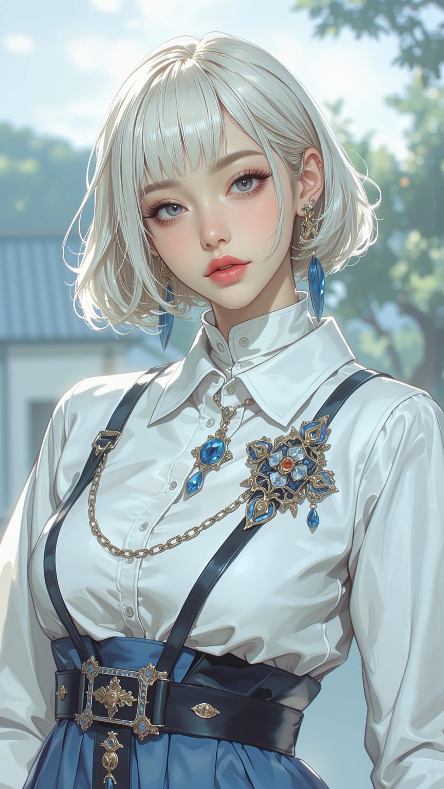 Masterpiece, Best quality, Sunset, Cityscape, Real, Huge_filesize, Everyone, Girl, Long hair, White hair, Wavy hair, Beautiful detailed eyes, Medium breasts, seifuku, Shorts under the skirt, fishnets pantyhose, Earrings, pendant, shackle, Chains, Light smile, Miniskirt,