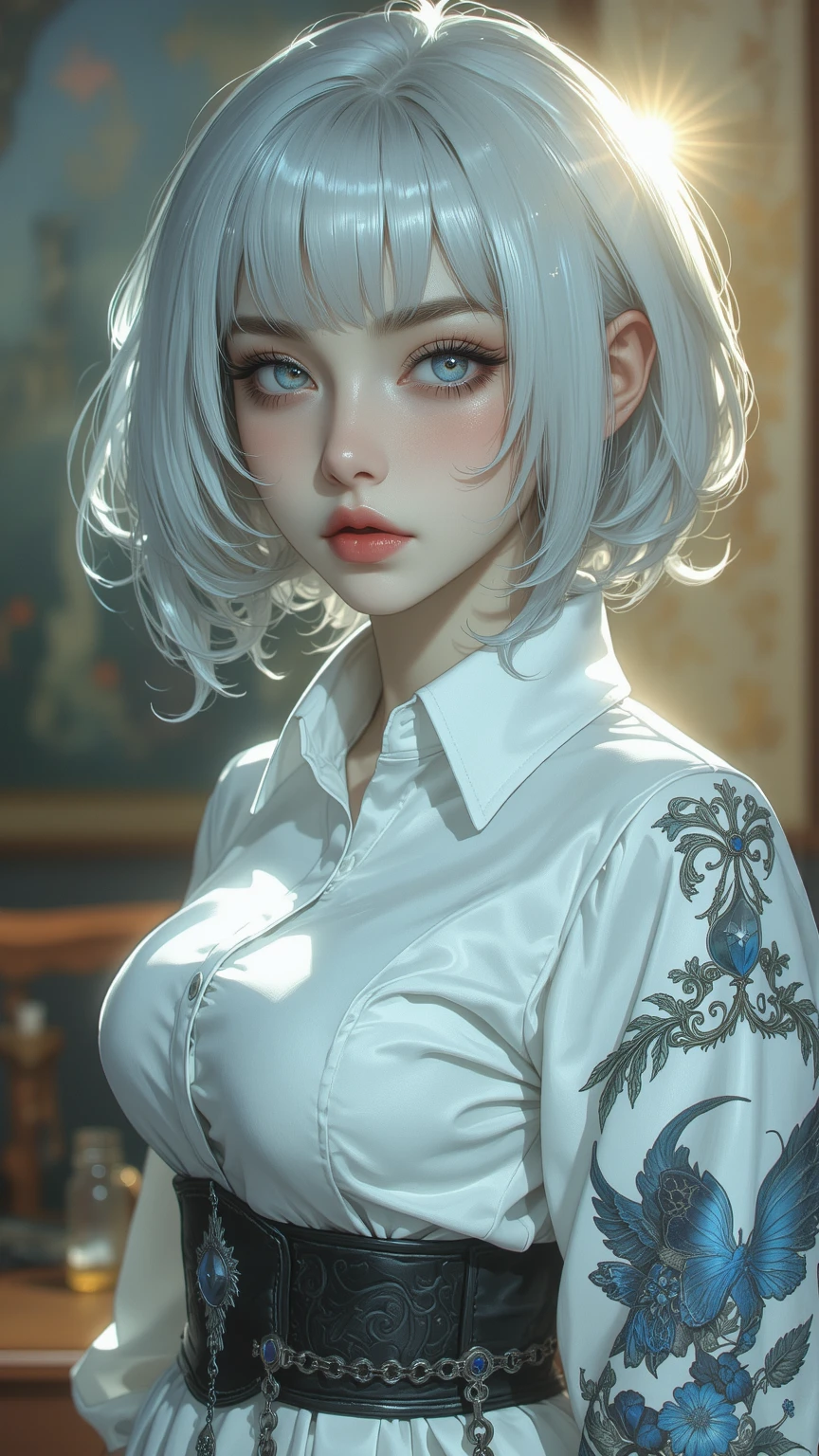 1个Giant Breast Girl, The upper part of the body, (White hair, Medium hair), perfect anatomia, ((white shirt, Black jacket, Black dress)), (((huge breasts)))