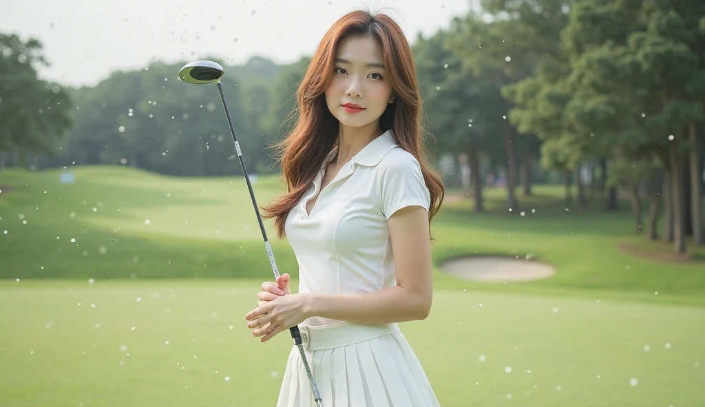 Highest quality,masterpiece,Ultra-high resolution,(Actual:1.4),Original photo,Ultra-high resolution,8K,There are women,Fair skin,Exquisite makeup,High heels,Long legs,Bright and beautiful,Super long brown hair,Hair with loose waves inside、reaching down to the waist、shy smile、Big Breasts、Female golf athlete At the golf venue,white tight polo shirt, white golf uniform skirt, no underwear,white sneakers,dynamic pose,during driver shot in dynamic position