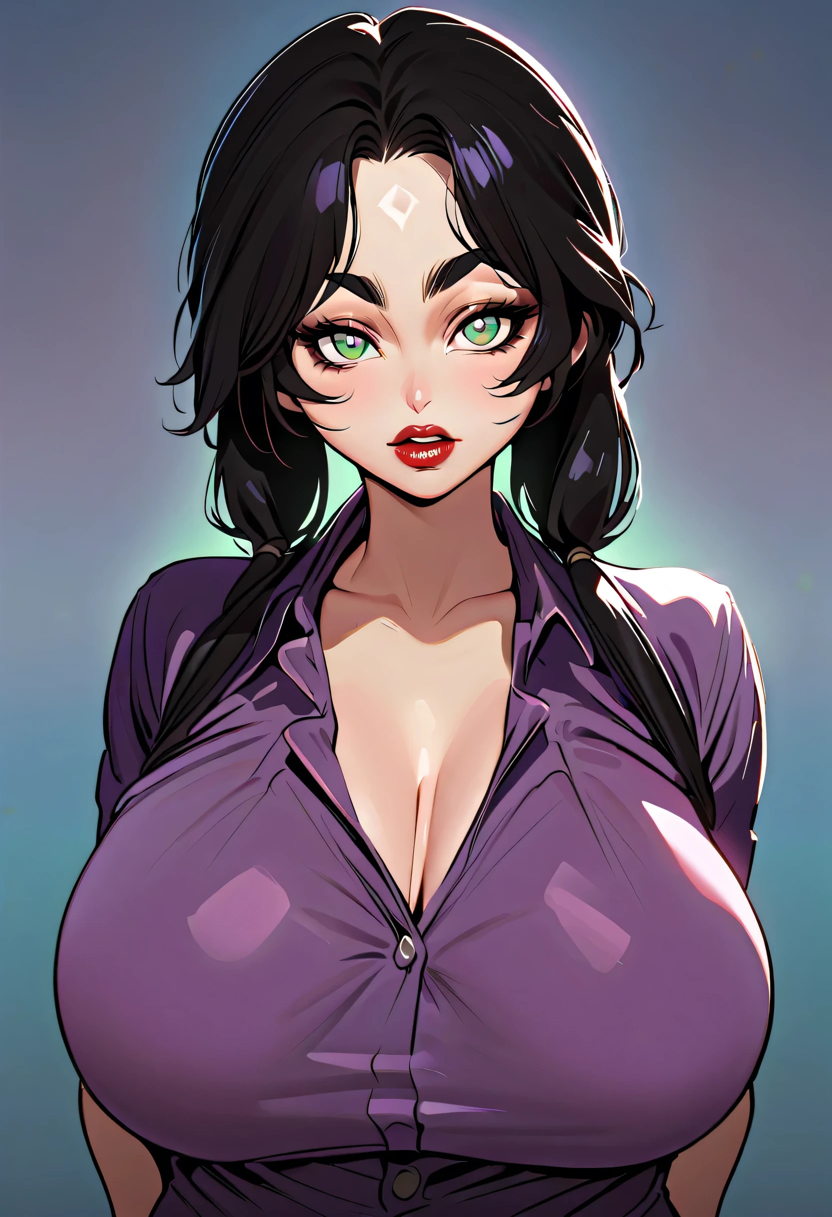 joyful gleaming eyes black hair yellow eyes pale skin sharp focus muscular girl massive breasts muscular girl solo