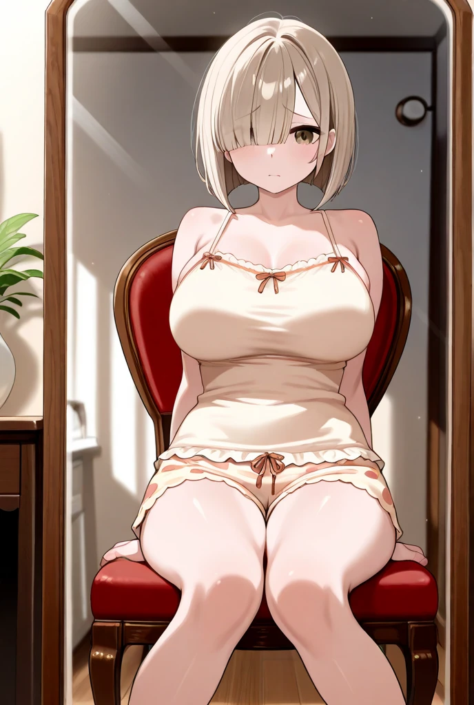 masterpiece, best quality, extremely detail 8k cg, high resolution, 1girl, lucy heartfillia, blonde hair, blue eyes, thin body, huge breasts, nipples, naked, sitting, horny look, bedroom, chair, beautiful face, nsfw, medium full shot