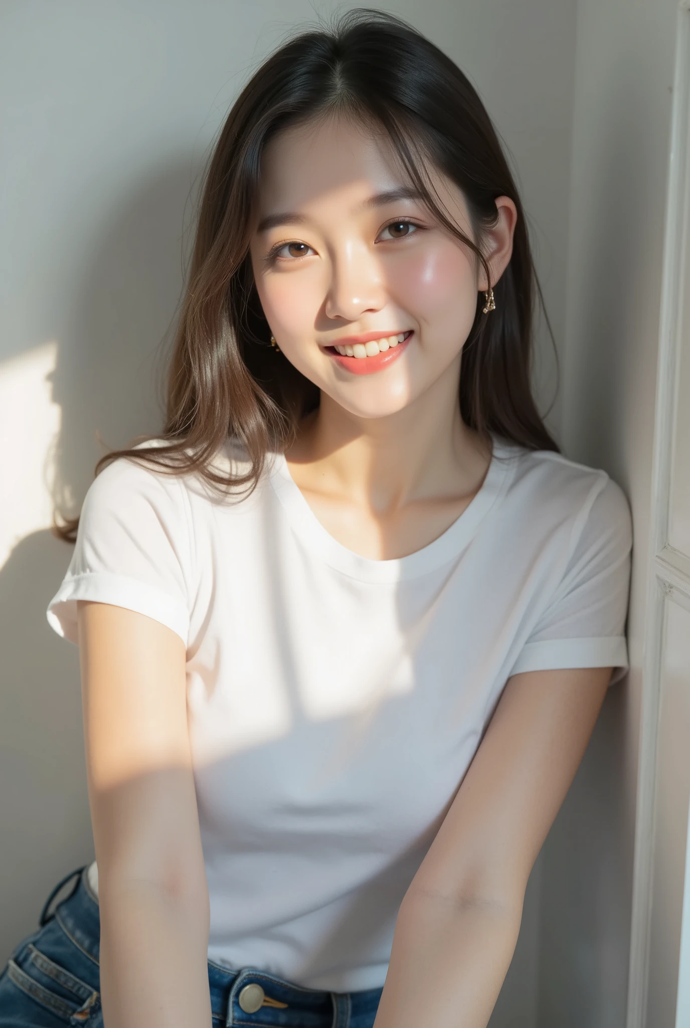 RAW photos, camera gaze, ((top quality, 8k, masterpiece: 1.3)), sharp focus: 1.2, white shirt, pretty features, best smile, cute smile, beautiful woman in perfect style: 1.4, slender abs: 1.2, dark brown hair, (natural light, city street: 1.1), highly detailed face and skin texture, detailed eyes, double eyelids