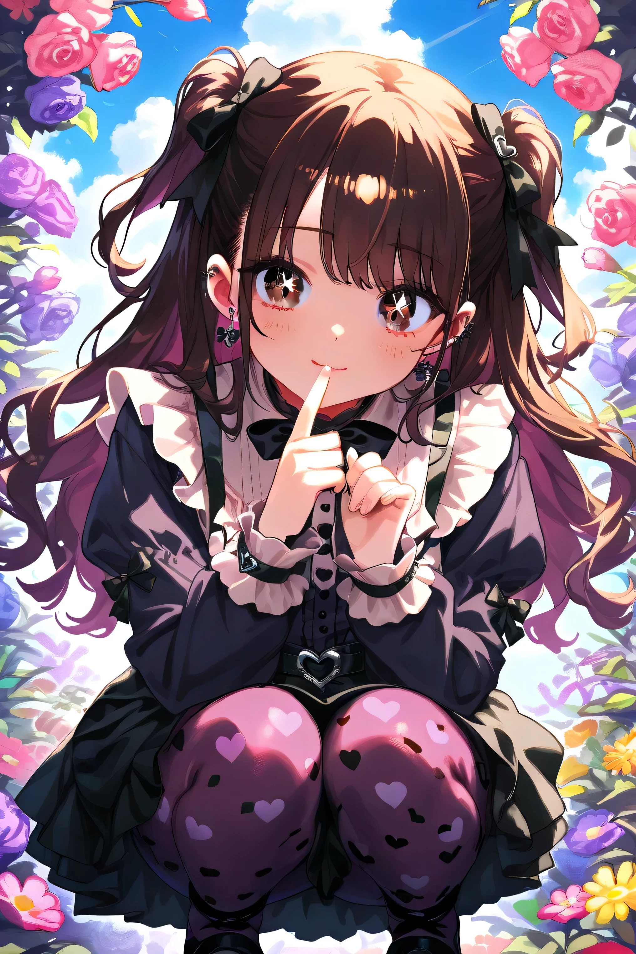 cute anime girl, jirai_kei, gothic_ta, dark brown and purple gradation medium-length hair, big sparkling brown eyes, black bows in hair, black skirt, heart-patterned tights, soft pastel aesthetic, surrounded by small hearts, kawaii style, gentle expression, detailed and colorful illustration, squatting, finger to mouth