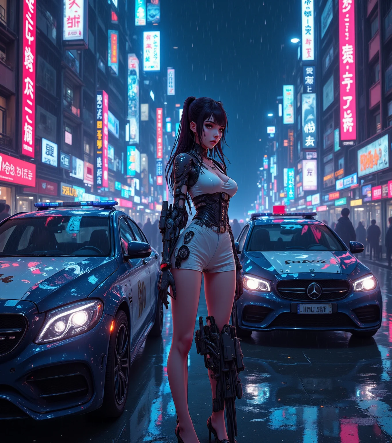 8k, Realistic Skin Texture, Realistic Photo, Neo Tokyo, slim Japanese women, large-breast:1.3 cleavage:1.2, AD2050 at night, Dirty hunting jacket, Wearing tube top, miniskirt, (((black sunglasses, automatic rifle, sneakers, cold, shooting pose, low angle view))), Innovative composition, revenge, cyberpunk, blade runner worldview, Large neon sign, Geisha hologram sign, Strong Wakamoto Sign.