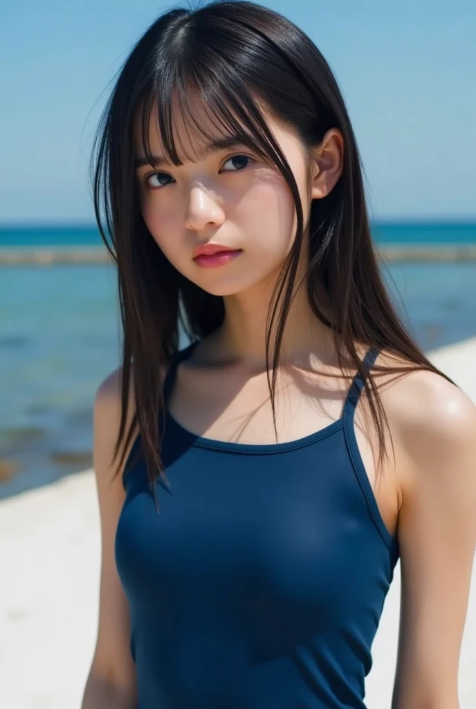 (((masterpiece))), (((highest quality: 1.4))), ((Very detailed: 1.4)) ,ulzzang-6500-v1.1, (RAW Photos:1.2), (Realistic), (Genuine:1.4), Very detailed, Sharp focus,Japanese woman standing on a bridge in Miyazaki Island、Stunningly beautiful blue ocean in the background、Random Color、Halter neck swimsuit、My hair is messy in the wind、happiness、romantic、joy、Fine grain、Detailed face、Japanese Goddess、Duck Mouth、Shiny skin、Realistic skin texture、