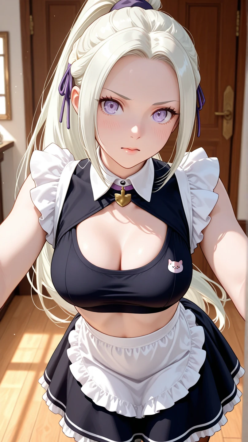 (french maid outfit:1.3), 1 girl, (hour glass figure:1), cleavage, (preteen:1.65), (platinum blonde hair:1.4), (smokey eye makeup:1), (blue eyes:1), (hair pulled back:1.3), wavy hair, (huge eyes:1.1), thicc, (massive cleavage:1), (mansion study scenery:1), (Thick thighs:1.4)