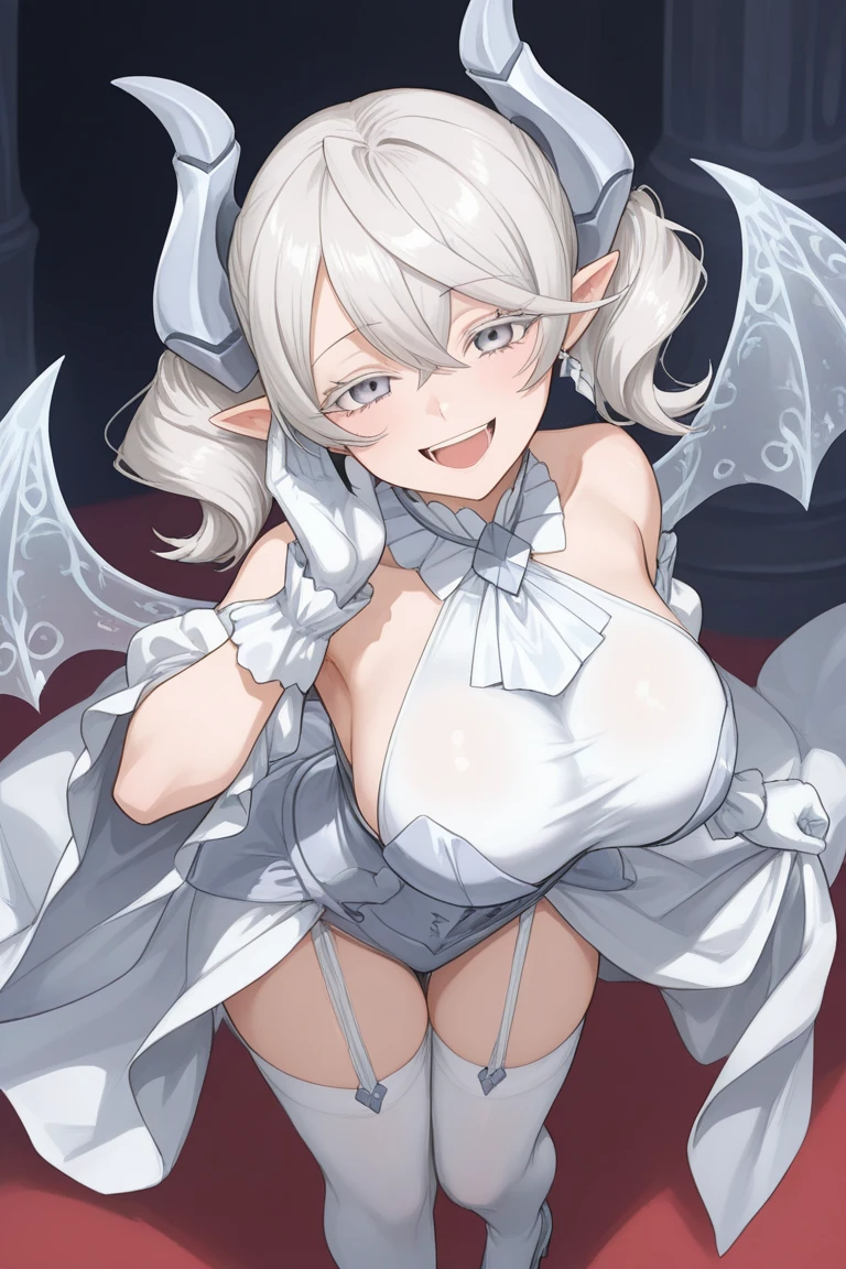 armored dress blush demon girl demon horns female huge breasts looking at viewer panties silver hair smile sweatdrop underwear voluptuous white hair