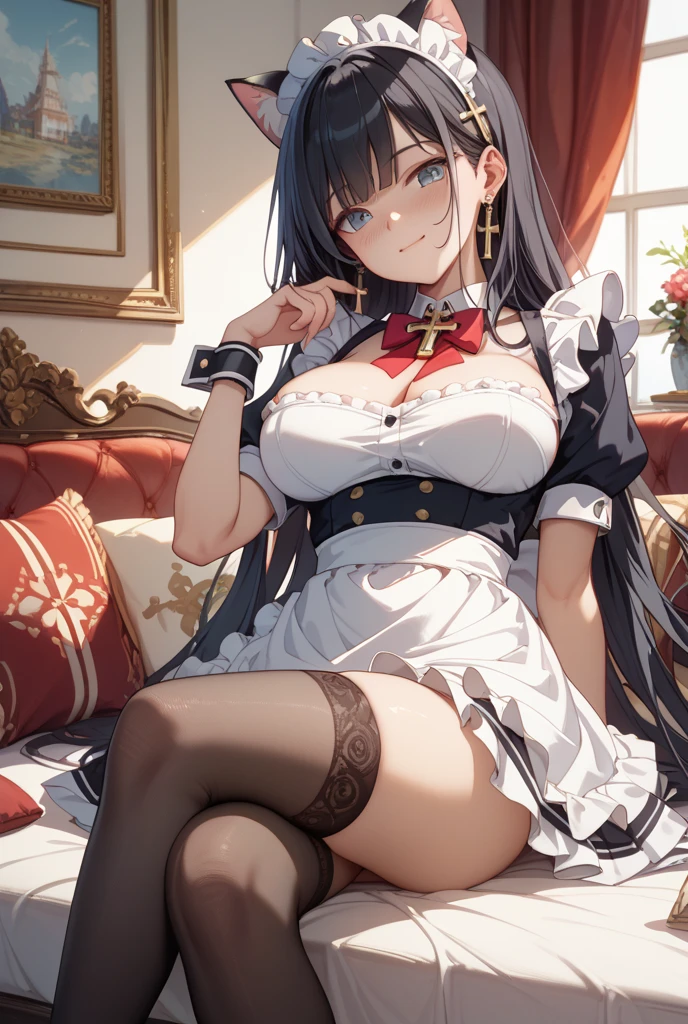 table top,highest quality,be familiar with, NSFW,expensive, 9 heads and bodies, lie down、spread your legs、Arm behind wrist,1 girl, Ahegao, cute eyes, black eye, open your mouth, droop, The whole face turns red, alone, mansion, crotchless panties, big and full breasts, (dull bangs, twin tails), white maid outfit、whole body