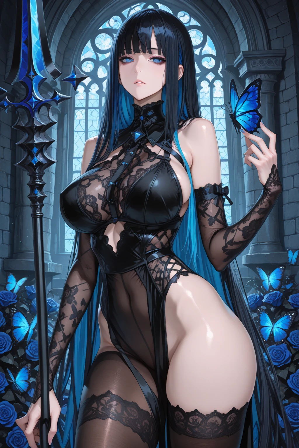 Girl with dark blue hair, green eyes,tall rectangular body figure, mature,pantyhose, topless