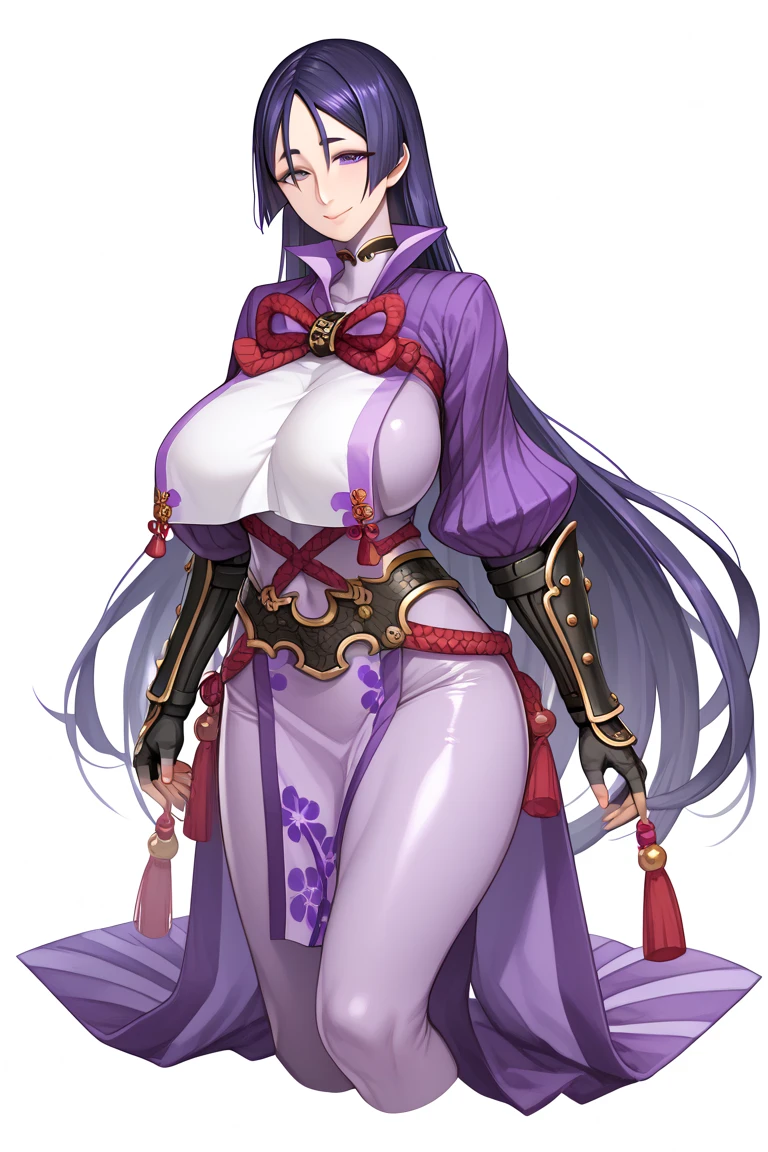 score_9, score_8_up, score_7_up, source_anime,perfect,high quality,faultless,
raikou, raikou, parted bangs, purple eyes, purple hair, long hair, hime cut, forehead, mature female,
arm guards, armor, black gloves, bodysuit, fingerless gloves, gloves, japanese armor, kote, loincloth, purple bodysuit, ribbed sleeves, tabard, toned,mother,maternal,maternal instinct,Super huge breasts,whipped thighs,smile,soft expression,near body,SFW,white background
