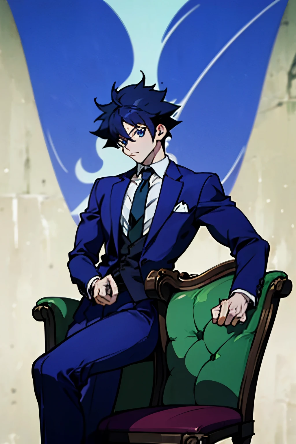 Anime-style image of a man in a suit and tie sitting on a chair, Beautiful Prince of Androgenus, Delicate bisexual prince , tall anime character with blue eyes, Animation Handsome man , Handsome man in Demon Slayer style, An animated portrait of a handsome man, Handsome Prince , male anime character, Cool anime poses, man anime style, wearing a black luxury suit