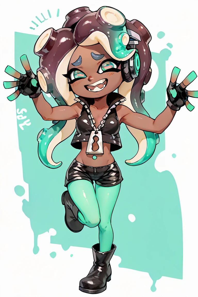 ((Agent 3 Splatoon)), inkling, turquoise hair, (very very big tits), (large transero), tight short shorts highlighting her private part, SMILE, (looking straight ahead at the viewer), (orange eyes),