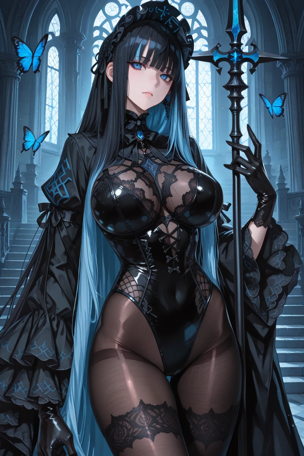 4K,High resolution,one woman,bright blue hair,long hair,red eyes,goblin,big breasts,swordsman,black hero dress,black gloves,black boots,Japanese sword,in the forest