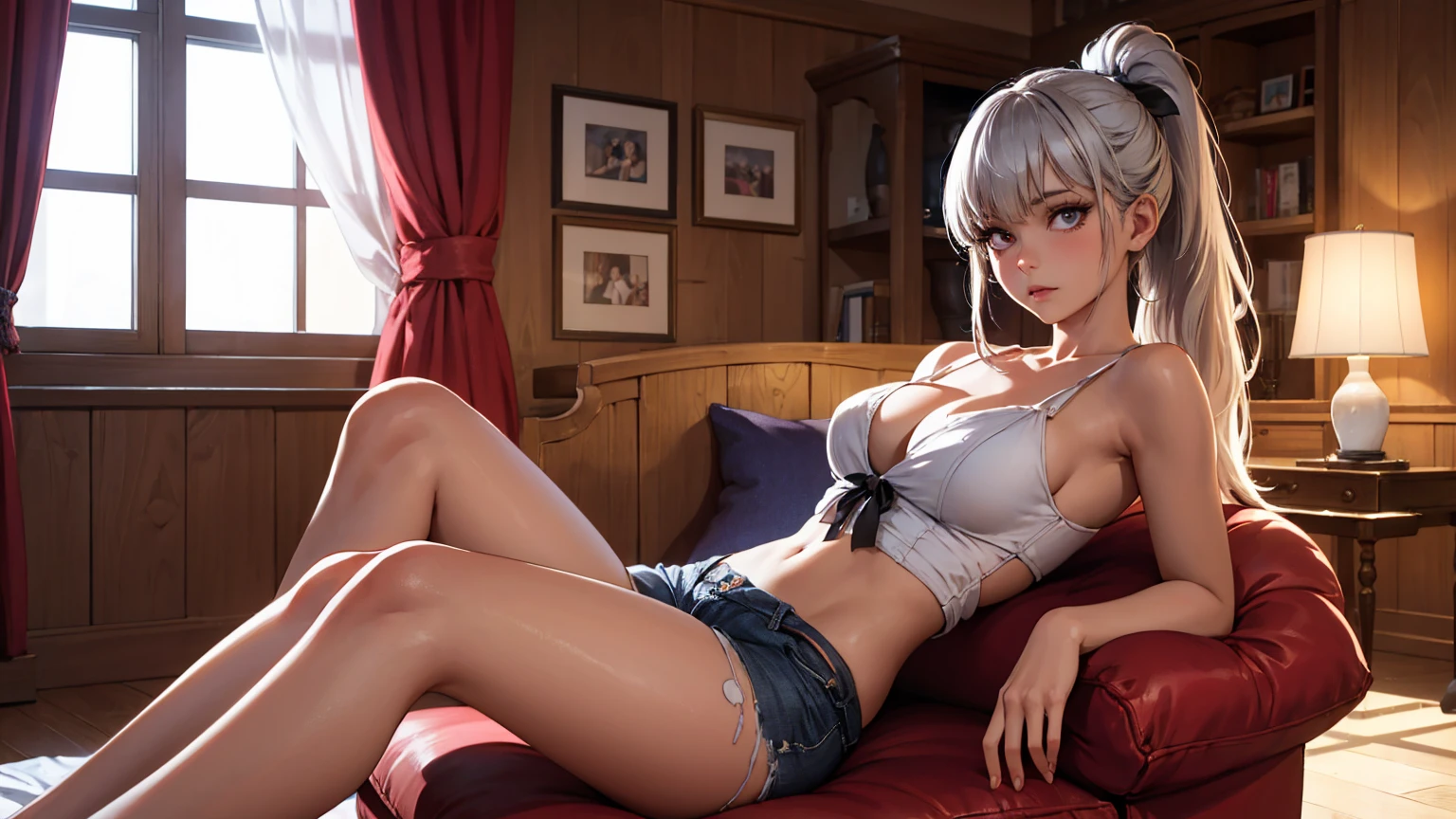 Hirohiko Araki, Thomas Crane, Surreal, mysterious, strange, fantastical, fantasy, Sci-fi, Japanese anime, android miniskirt beautiful maid, short hair, boyish, perfect voluminous body Preparing tea, huge tits tiny white bikini top, large areola showing sweat wet wet see through transparent,  hard, embarrassing blushing, been looked at by men, big ass tiny white string panty, wet wet cameltoe defined, pushing back hip, showing off body, hyper detailed masterpiece detailed hand drawing, colour fine lines, depth of field cinematic lighting hyper realistic sexual excited wet sweat skin wet glistening reflecting smooth legs spread looking up angle sexy super erotic provocative hentai Japanese anime wanted to be handled by man hyper detailed hyper realistic close up