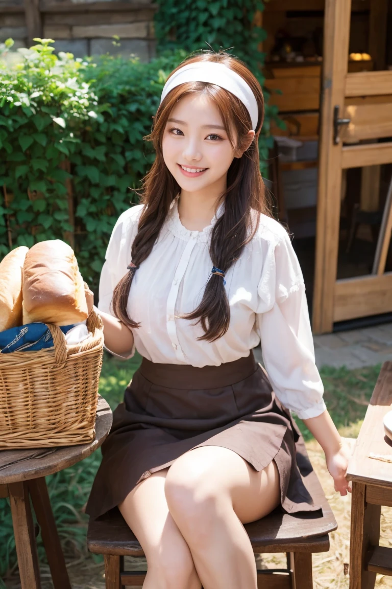 haerin, idol, kpop, girl, Cute, best quality, smiles brightly, Villagers, Middle Ages, เสื้อผ้าMiddle Ages, Skirt ,play, ipad,
sitting on a chair, Table with bread, headband, Haystack, farm