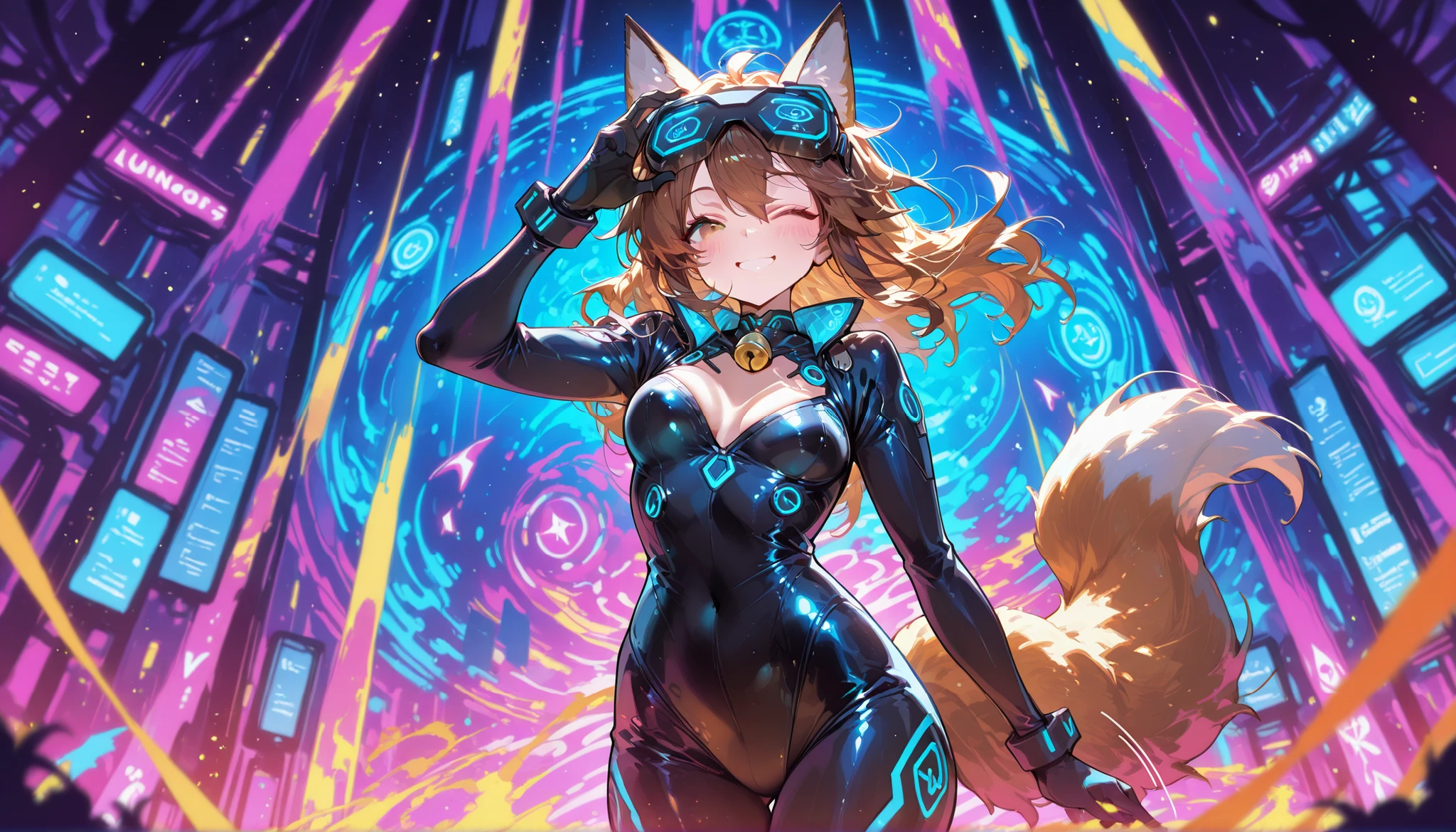 masterpiece,best quality, 8k,1girl,furry, rivetlombax, blue eyes, animal ears, earrings, goggles on head, bangs, mechanical arms, scarf, bodysuit, belt, 1tail, tail is attached to the ass, forest, smile, not human, ass big,look is flirtie,smile,forest,cartoon style, cute, (breast:1.4), full body picture, thick thighs, camel toe, night city, night time sky full of stars,