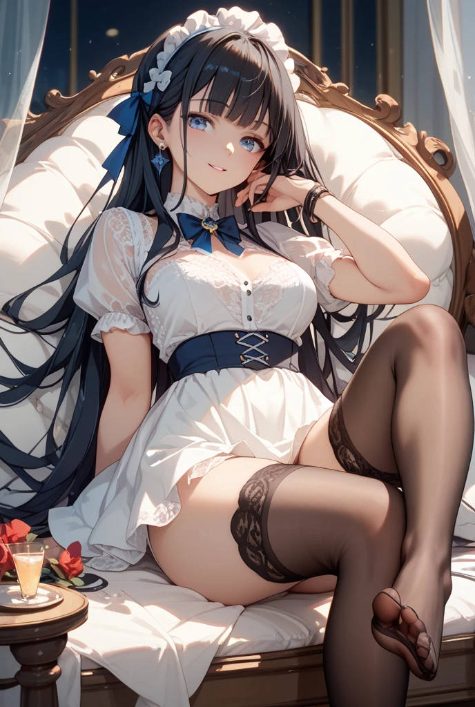 high-level image quality、top-quality、Detailed drawing、Does not blush cheeks、Slender adult beauty、maid clothes、White swimwear、Small eyes、knee high、Stockings、Medium chest、straight haired