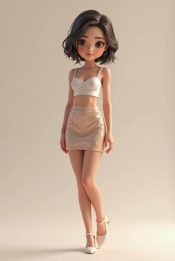 Create an image of a femboy in tights and a miniskirt with light mixed skin and brown hair, of feminine and adolescent features