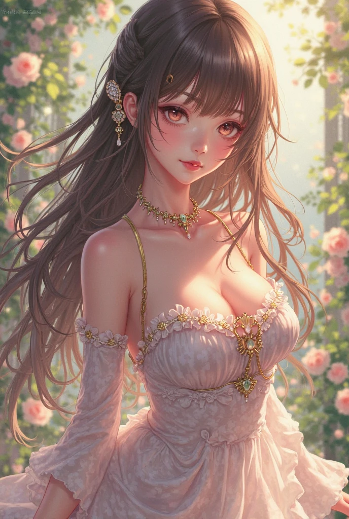 (best quality,4k,8k,highres,masterpiece:1.2),ultra-detailed,(realistic,photorealistic,photo-realistic:1.37),a beautiful girl in a garden,illustration,oil painting,soft lighting,vivid colors,flower-filled background,long flowing hair,expressive eyes,rosy cheeks,ethereal atmosphere,fantasy theme,subtle bokeh effect,delicate brushstrokes.big boobs,