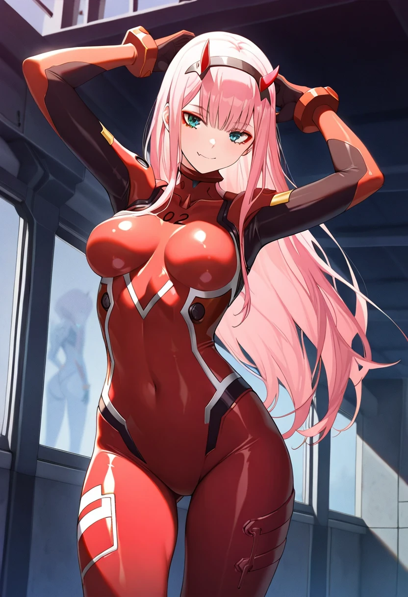 zero two \(darling in the franxx\), darling in the franxx, 1girl, bangs, biting, blush, covered navel, eyeshadow, green eyes, hair behind head, hand on hip, horns, smile, long hair, looking at viewer, makeup, medium breasts, pilot suit, red suit, pink hair, red eyeshadow, science fiction, skin tight, solo