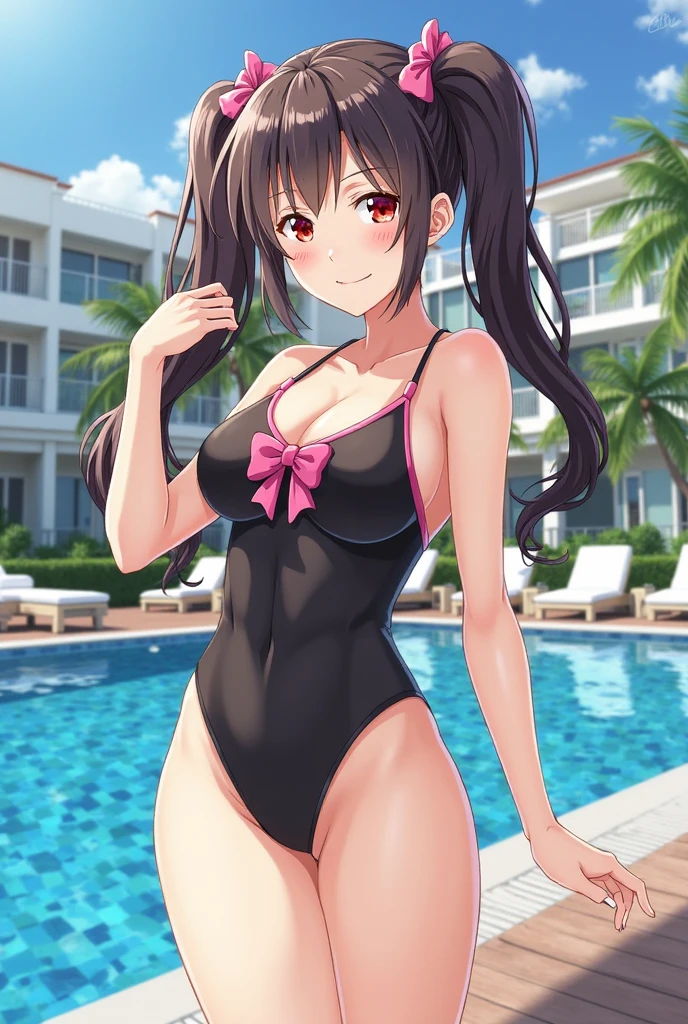 mastute piece,Best Quality,insanely detailed,8k cg,nsfw, shoot upper body,(shoot from front:1.4),(1girl:1.2),standing,(naked),(swimsuit-shaped written in body paint:1.3),BREAK,blush,shy,(trembling:1.2),(light brown hair),break,open mouth,poolside,