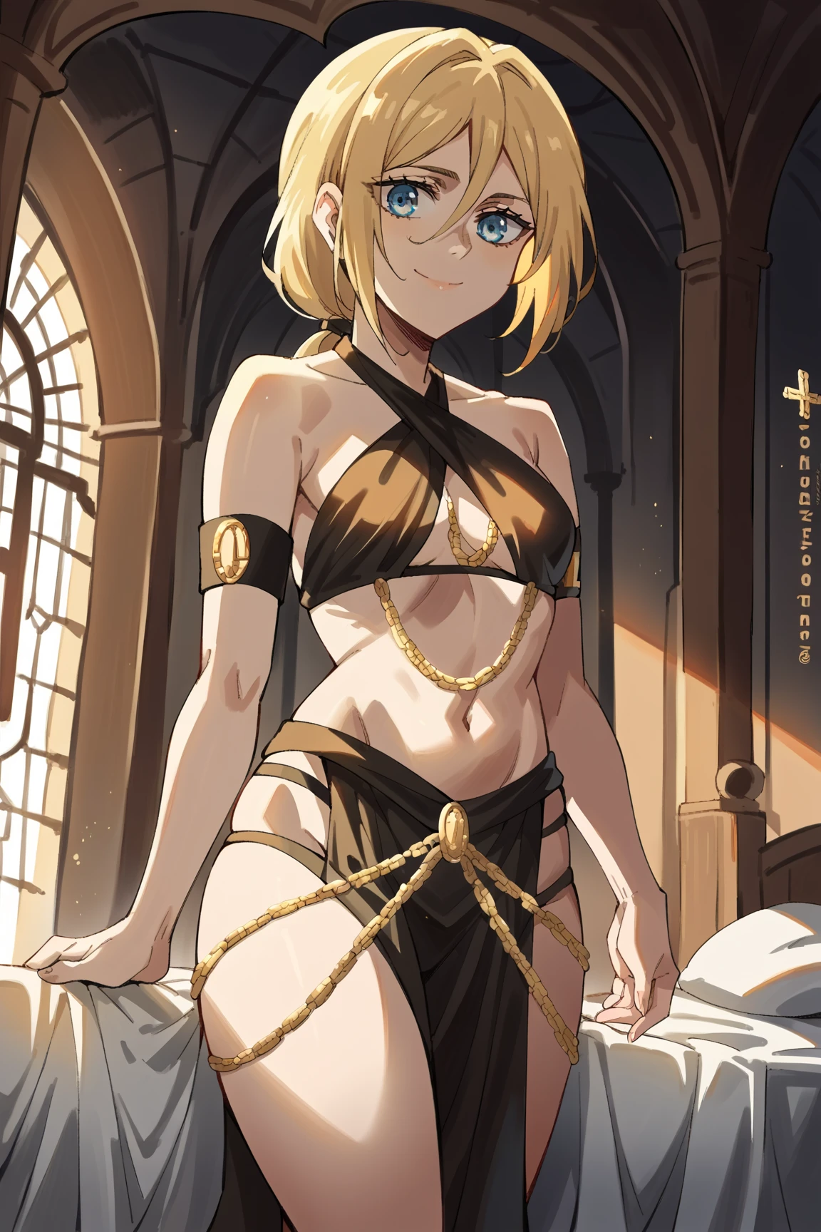 (masterpiece), Highest quality, Expressive eyes, Perfect Face, Skinny girl, small and taut breasts, Short blonde, White Cape, Tight white sports bra, Tight white low rise briefs, White boots, Hands on hips, In a prison cell, Clothes full of gold trim, Clothes full of metal tips, Angry expression on face