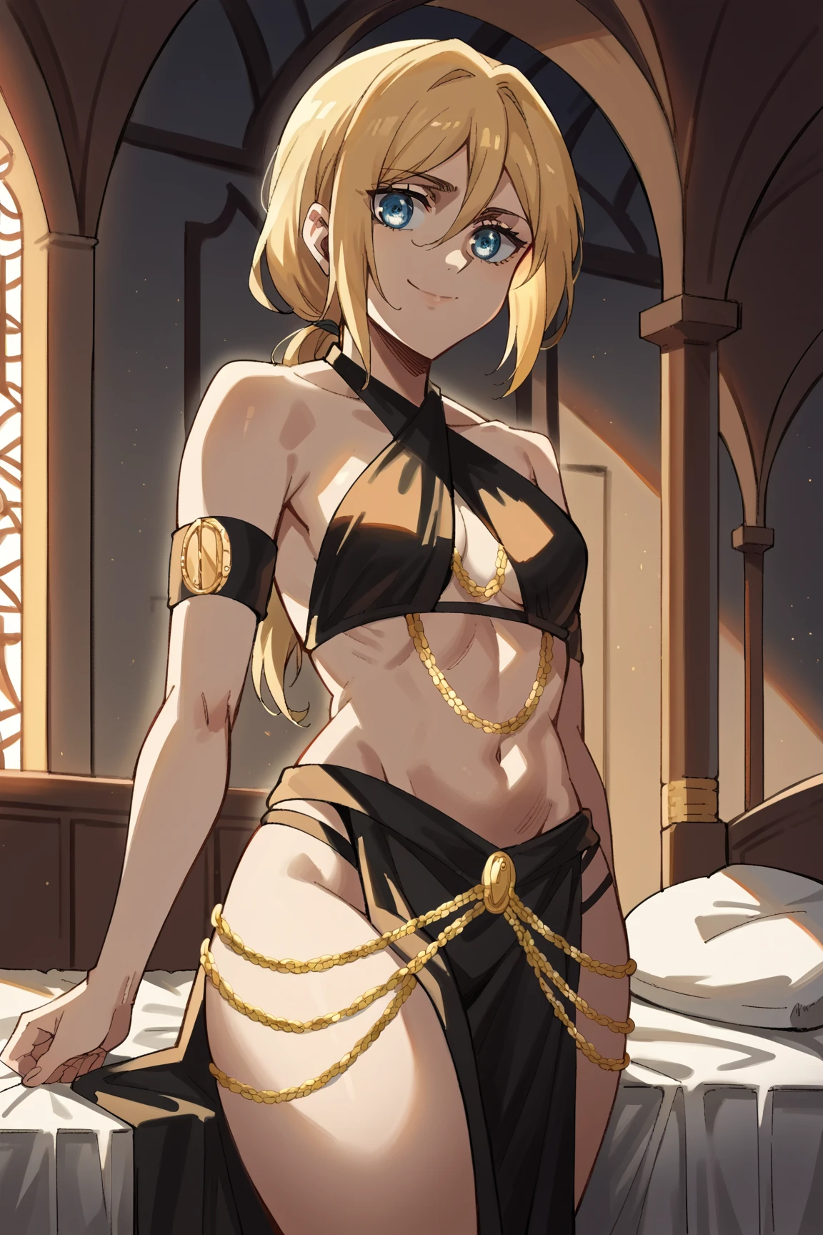 score_9, score_8_up, score_7_up, score_6_up, source_anime, BREAK by ikuchan kaoru, iku, clean color, flat color, sitting, indoors, presenting breasts, couch, muscular, extremely muscular, 1girl, bodybuilder, muscle girl,hellsing, seras, bored, apathetic, blonde hair, break, ((arabian clothes)), belly dancer, face veil, veil