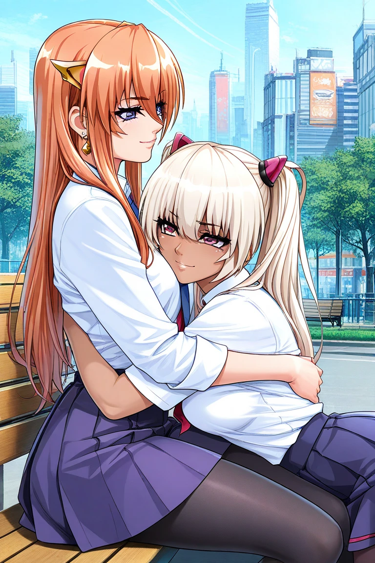 (masterpiece:1.2),(Highest quality),(Very detailed),(High resolution),8k,wallpaper, semi-realistic, anime realistic, long hair, make up, (Perfect Eyes), Earrings , Long eyelashes , Maya Cordelia, long hair, orange hair, violet eyes, outdoors, day, park, bench, sitting, cowboy shot, cyberpunk city, school uniform, white shirt, nectie, blue skirt, black pantyhose, loafers, cuddling, smile, BREAK, 2 girls, Kila Kushan, dark-skinned female, long hair, white hair, twintails,