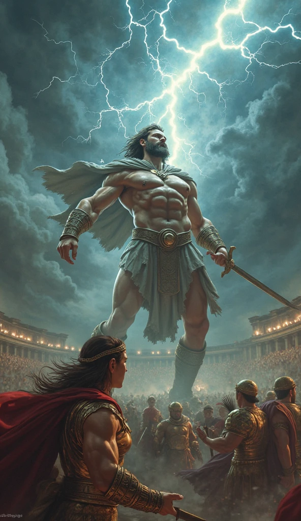 The  Greek Stoic man athletic body made by gray stone standing on the foggy and red lightning big rocka landscape 