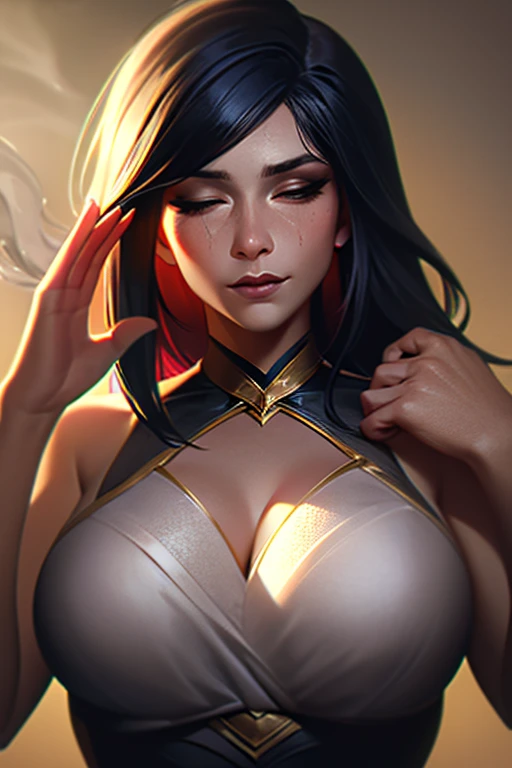 Perfect, masterpiece, (best quality, highres:1.2), 1girl, beautiful detailed eyes, beautiful detailed lips, extremely detailed eyes and face, long eyelashes, medium:oil painting, vivid colors, HDR, studio lighting, ultra-fine painting, sharp focus, physically-based rendering, extreme detail description, portraits, ((organized fingers)), curvy body, big breasts, perfect shape, facing viewer, sweaty, gorgeous, ((arms up)), sleeveless turtleneck, straddling, smiling
