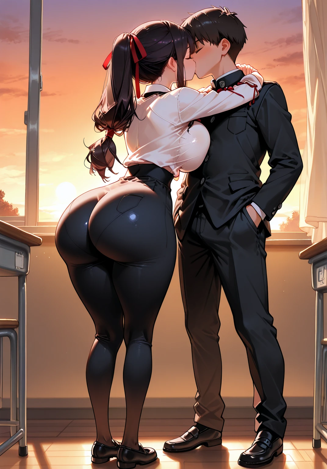 Best quality, mature woman, giant ass, thick muscular thighs, wide hips, very curvy, tanned skin, styled high ponytail, pear green eyes, full lips, seductive, sly smile, exposed white button up, pear green plaid skirt, ribbon in hair, thick thighs, curvy physique, guy grabbing squeezing groping her ass
