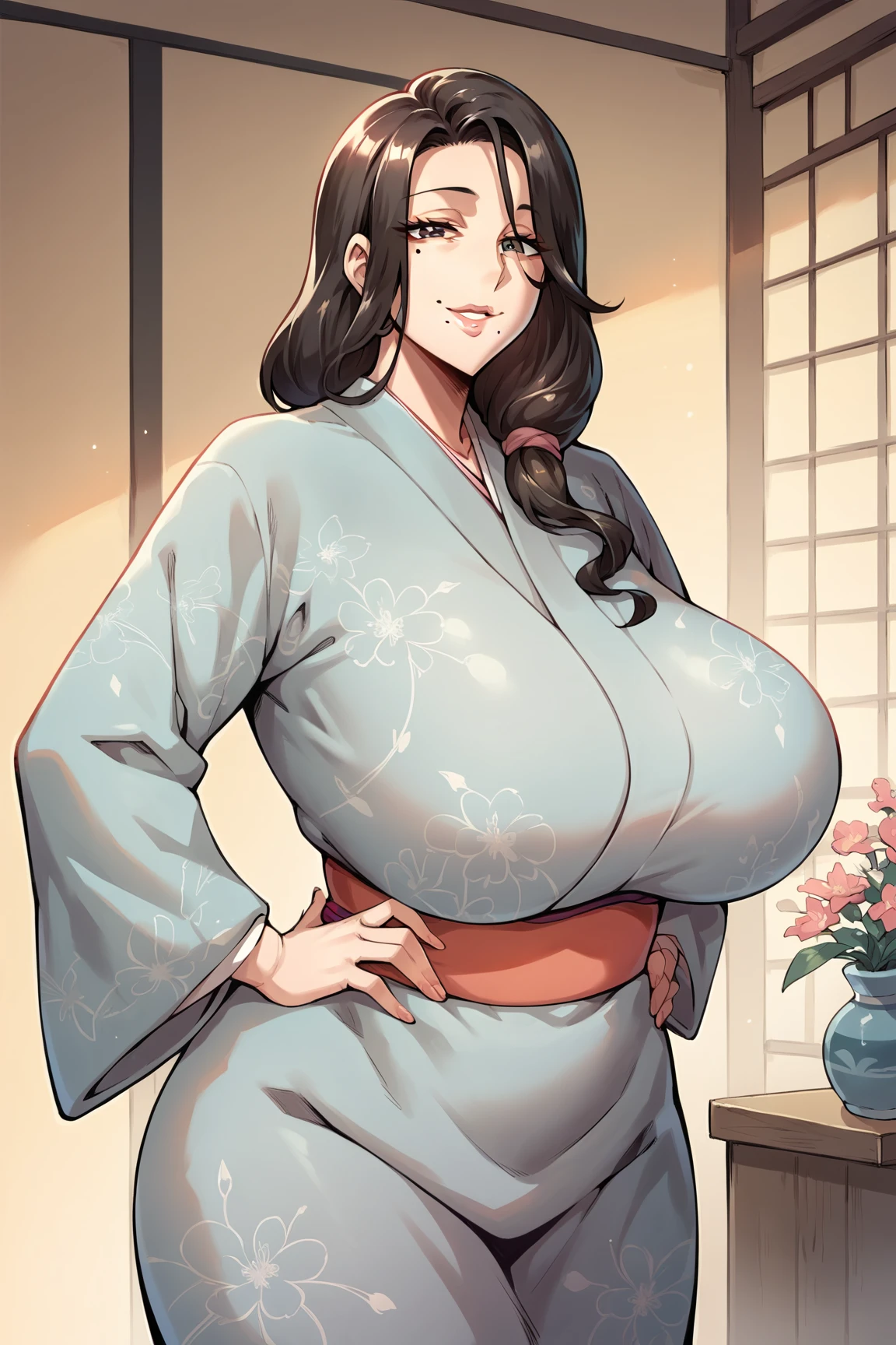 ((best quality)), ((masterpiece)), (detailed), (Realistic), (Vibrant), Mamako Oosuki, brown hair, expressive eyes, happy eyes, purple eyes, looking at pov, eyes looking at pov, perfect face, flawless face, mature, mature woman, smiling, happy expression, plump lips, rosey lips, lounge room, sitting, sitting cross_legged, hands on hips, white dress, short dress, curvy body, perfect body, big breasts, curvy waist, large thighs, cleavage, oppai, seductive anime girl, beautiful alluring anime woman, inspired by Nishikawa Sukenobu, with large breasts, marin kitagawa fanart, big breasts!, oppai proportions, big breasts!!, sfw huge breasts, makoto, makoto shinka