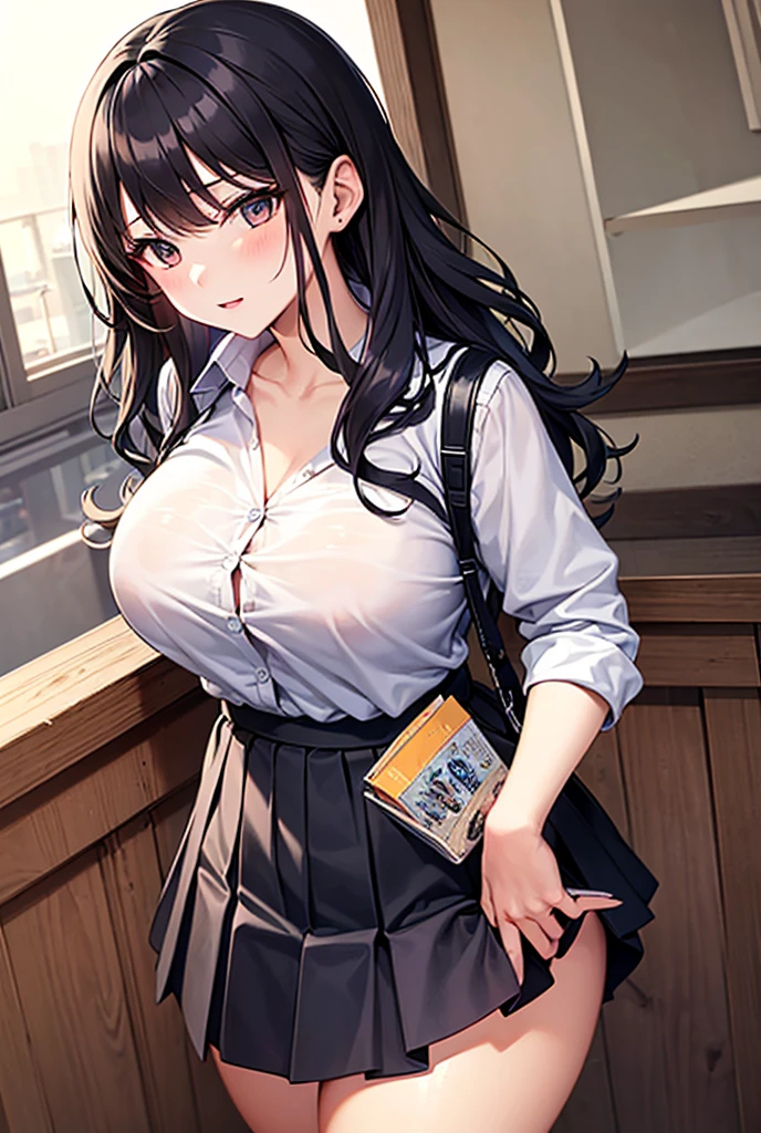 brown hair、looking at the viewer suspenders Bulging big breasts Black miniskirt garter belt knee high socks Gaze small face bangs Beauty hands up Gaze black boots provocation armpit sweat one person put your hands behind your back cutter shirt Panty shot