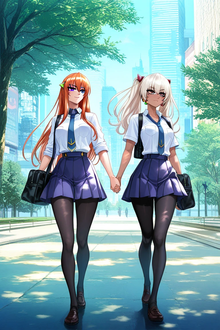 (masterpiece:1.2),(Highest quality),(Very detailed),(High resolution),8k,wallpaper, semi-realistic, anime realistic, long hair, make up, (Perfect Eyes), Earrings , Long eyelashes , Maya Cordelia, long hair, orange hair, violet eyes, outdoors, day, park, holding hands, walking, cowboy shot, cyberpunk city, school uniform, white shirt, nectie, blue skirt, black pantyhose, loafers, smile, BREAK, 2 girls, Kila Kushan, dark-skinned female, long hair, white hair, twintails,