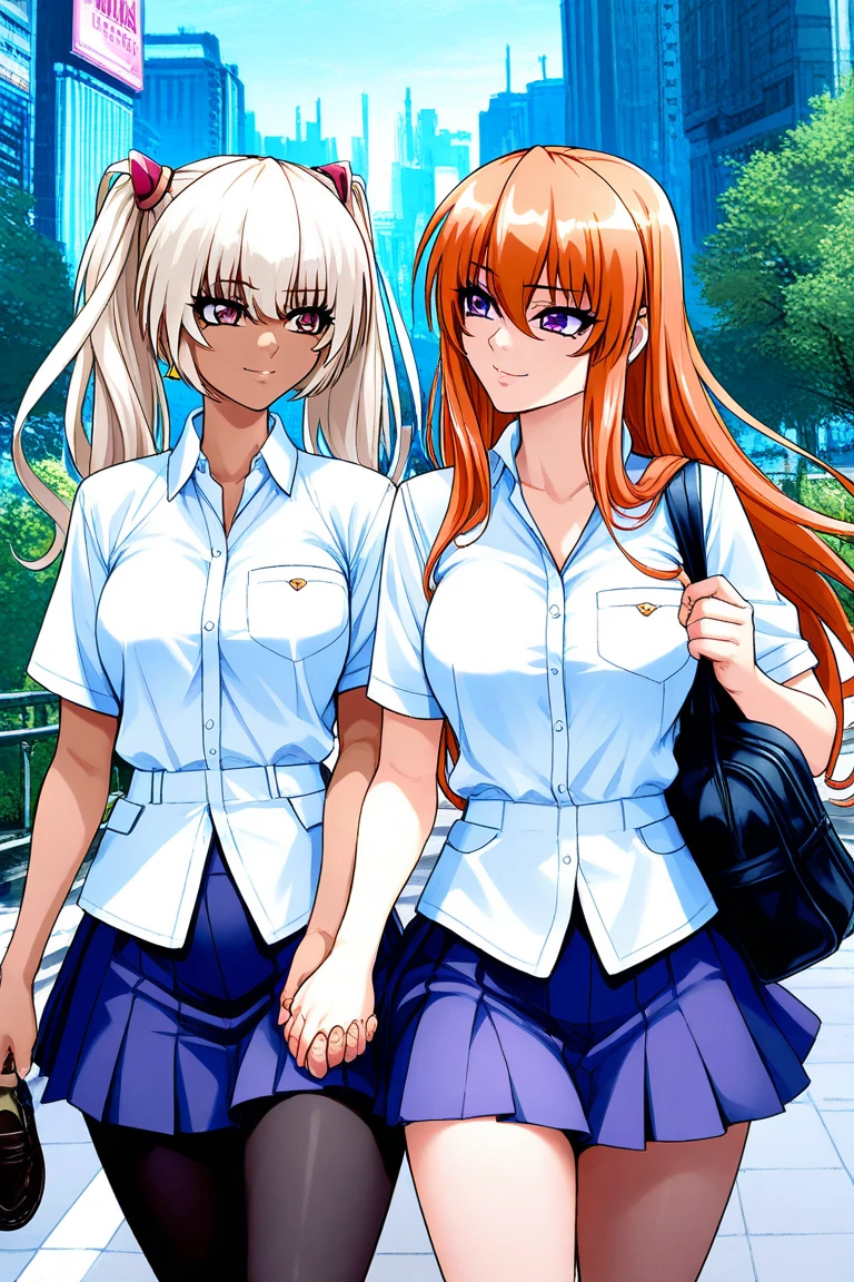 (masterpiece:1.2),(Highest quality),(Very detailed),(High resolution),8k,wallpaper, semi-realistic, anime realistic, long hair, make up, (Perfect Eyes), Earrings , Long eyelashes , Maya Cordelia, long hair, orange hair, violet eyes, outdoors, day, park, holding hands, walking, cowboy shot, cyberpunk city, school uniform, white shirt, nectie, blue skirt, black pantyhose, loafers, smile, BREAK, 2 girls, Kila Kushan, dark-skinned female, long hair, white hair, twintails,