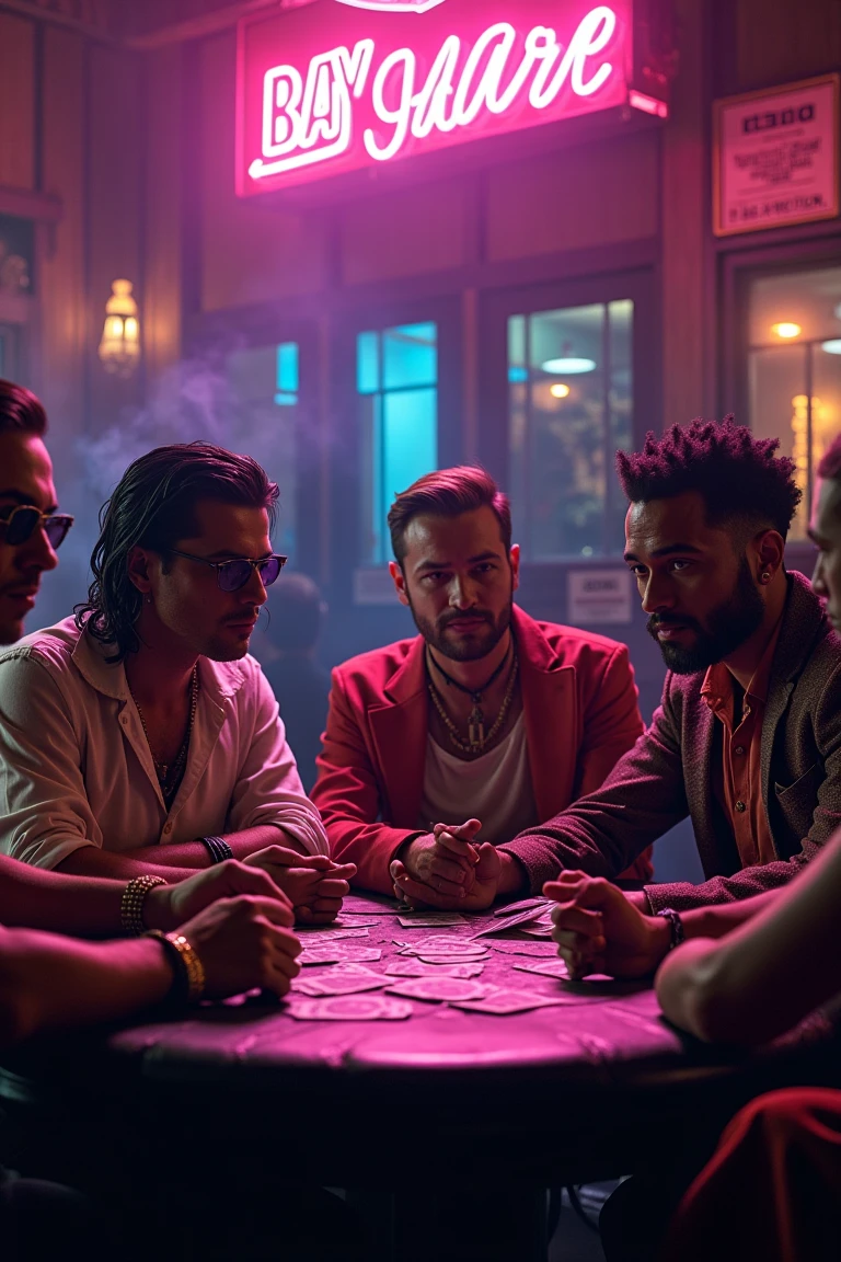 Jenjish Kanh, Bettoben, Saint Martin and Jorge Washingtown playing an old card game in a bar.
 . intense. neon lights.