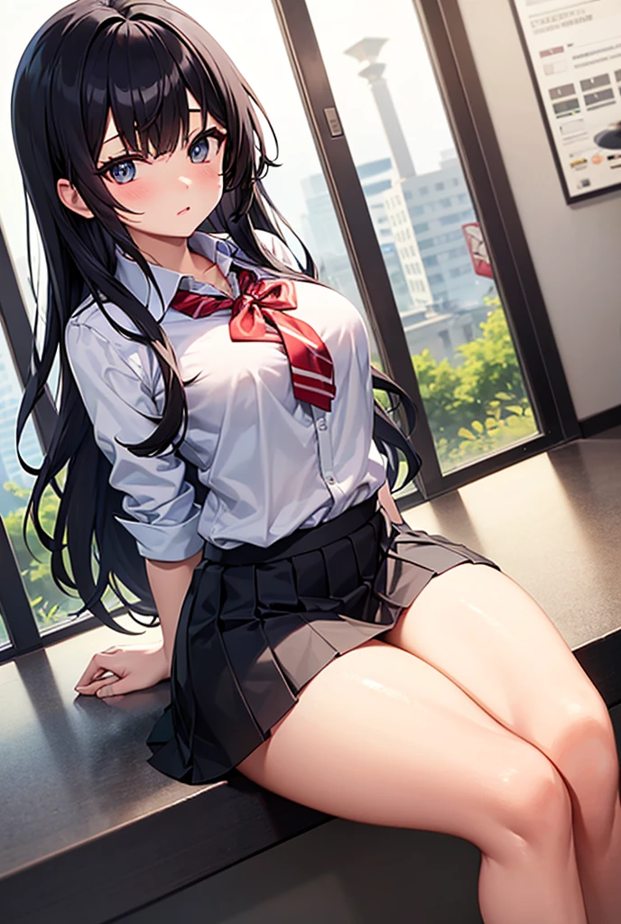 the best, masterpiece, HD, (whole body), frontal lobe, Symmetrical, mature high school girls, alone, (whole body from head to toe), small breasts, long hair, slightly messy hair,black hair, (black leggings), ( (black pantyhose), black pantyhose, (composition where she is made to sit and lift her leg and make her leg open), composition Showing white panties, slender beautiful leg, a very pretty 17 year old girl (no shoes) leg), blush, shy big eyes, messy hair, looking at camera, Showing white panties, White ruffled underwear,i can see white, high school blazer, high school white shirt, blue ribbon high school, Premium short plaid navy blue pleated skirt