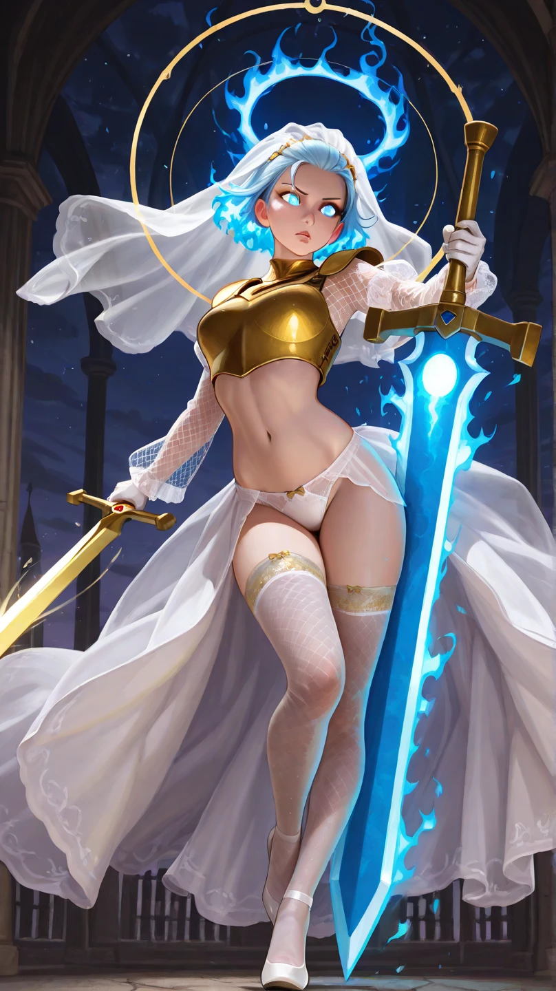 (((highest quality、masterpiece、normal body、8k、detailed face、ultra precision、Normal hand、normal finger、5This finger、supreme)))female hero、human、blonde、Silver Breastplate、Racy blue leotard、white pareo、Holding the holy sword Excalibur、((slave collar、Shattered armor、Tattered leotard、broken armor、Torn leotard、Leotard with holes))、Wielding the Holy Sword