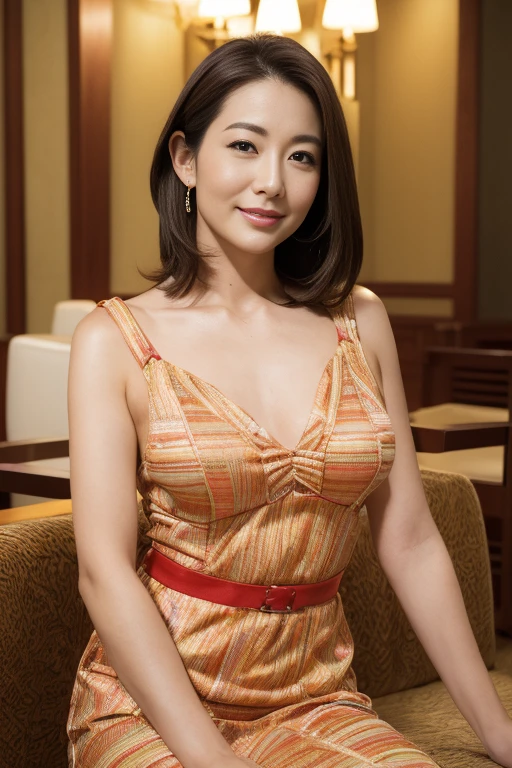 best quality, ultra detailed, masterpiece, 16K, bar, old woman, smiling, sitting, legs spread, looking at viewer, hime cut, drill hair, brown hair, big eyes, pale skin, wrinkles skin, detailed face, detailed skin, glamorous, voluptuous, blue dress, piercing, necklace, high heels, beauty mark, delicate facial features, curvy, old, japanese, inside, in the bar, with a sofa, at night, ultra realistic photo, hyperrealistic photo, realism, real person, cowboy shot, from front, wide view, wide shot, intense wide shot, extreme wide shot