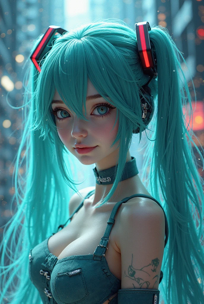 miku hatsune,steampunc, Green hair,, Color Chip, , Parted lips, Red Lipstick、fullmoon,cool、Night、neons、Future、Concept art、World of Blade Runner、Painting、Illuminated、a closeup、Detailed light、backlit glow。Rainy night in cyberpunk city with glowing neon lights。Dynamic and dynamic composition。