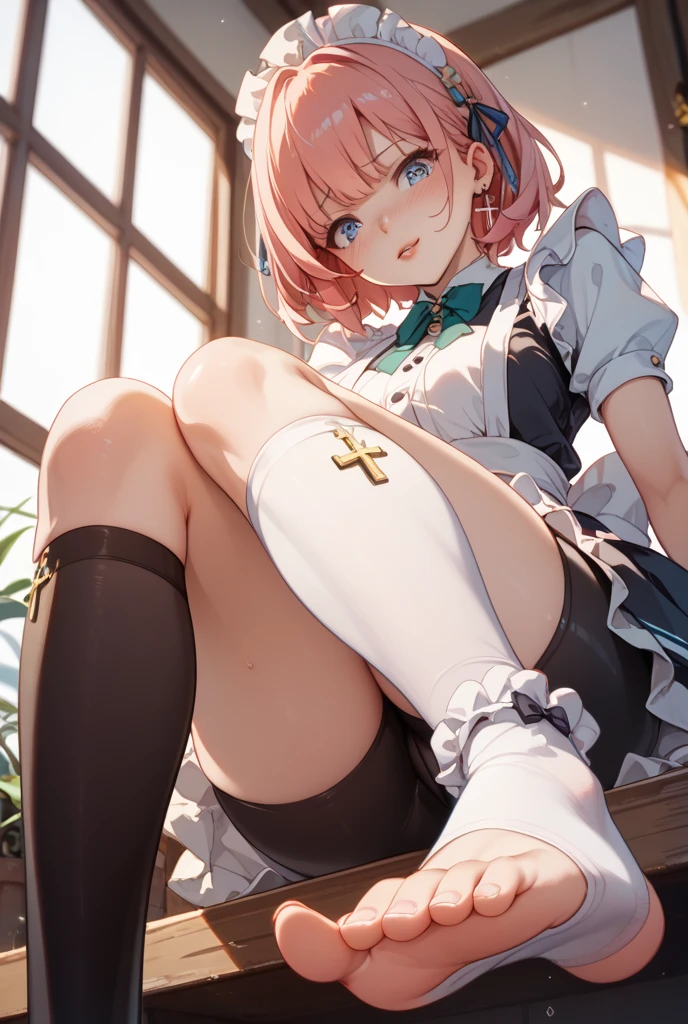 masterpiece, ultimate madoka, yellow eyes, white dress, glossy lips, medium breasts, thigh highs, ass view, picture in a frame, (gliry wall pose:1.3)