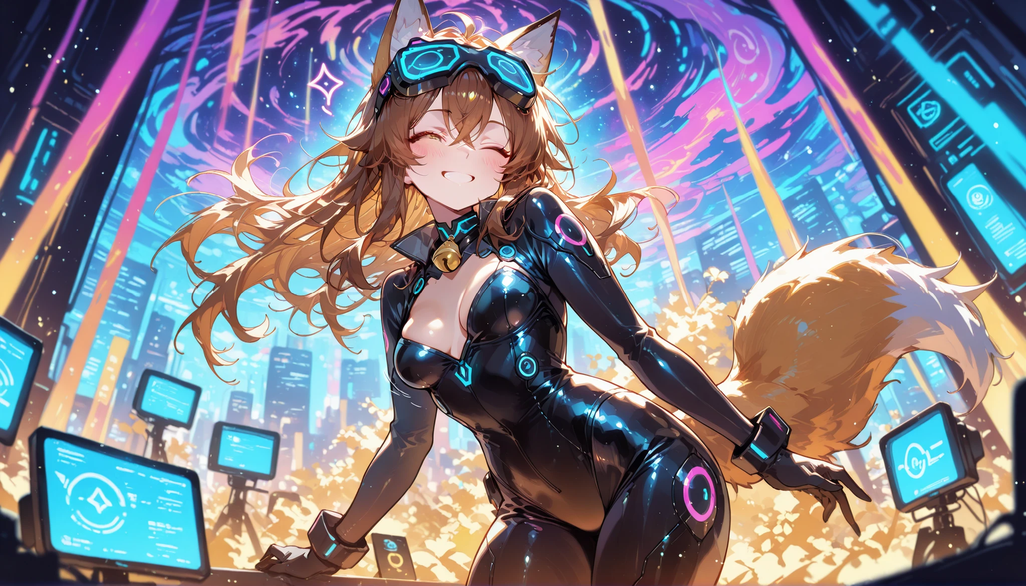 amy, ponytail, bangs, long hair, fox ears, fox tail, thick thighs, large brrasts, 1girl, wide hips, ponytail, black bodysuit, bodysuit, futuristic, machinery, science-fiction, tech, smile, neon trim, neon lights, neon light, neon