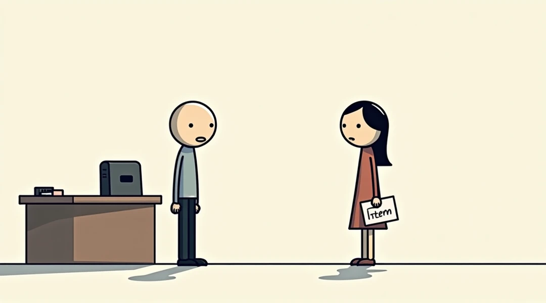 stick figure man and woman standing near office desk, small sign "intern" on hers, awkward air