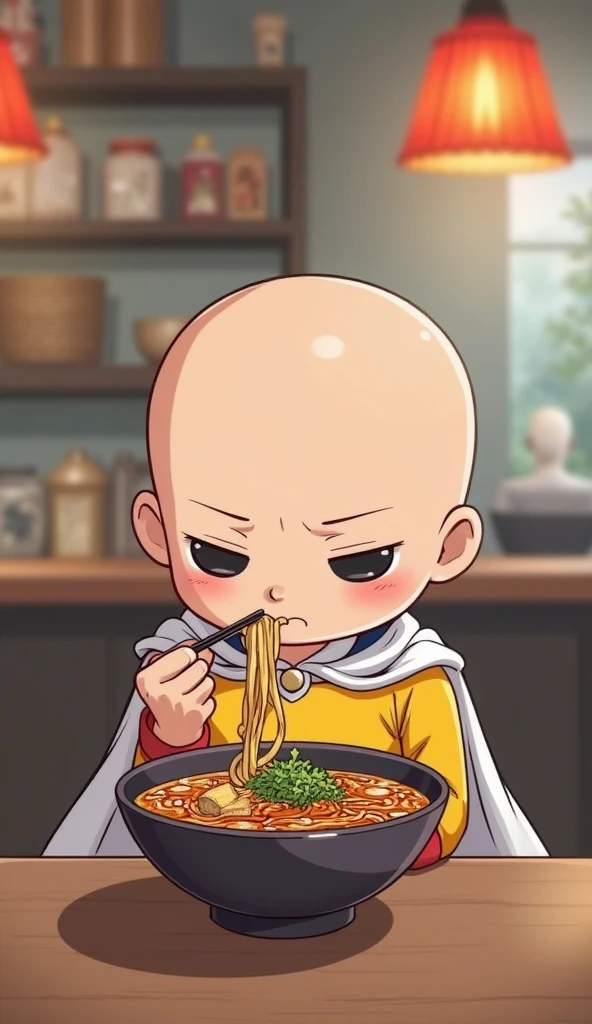 Cartoon man eating a bowl with fish, squid, octopus, small fat and head shaved anime food, delicious, eat bowl, eat from a bowl, Japan cartoon style, bowl full of food, serve a plate of food, negao, he is very happy and delicious food