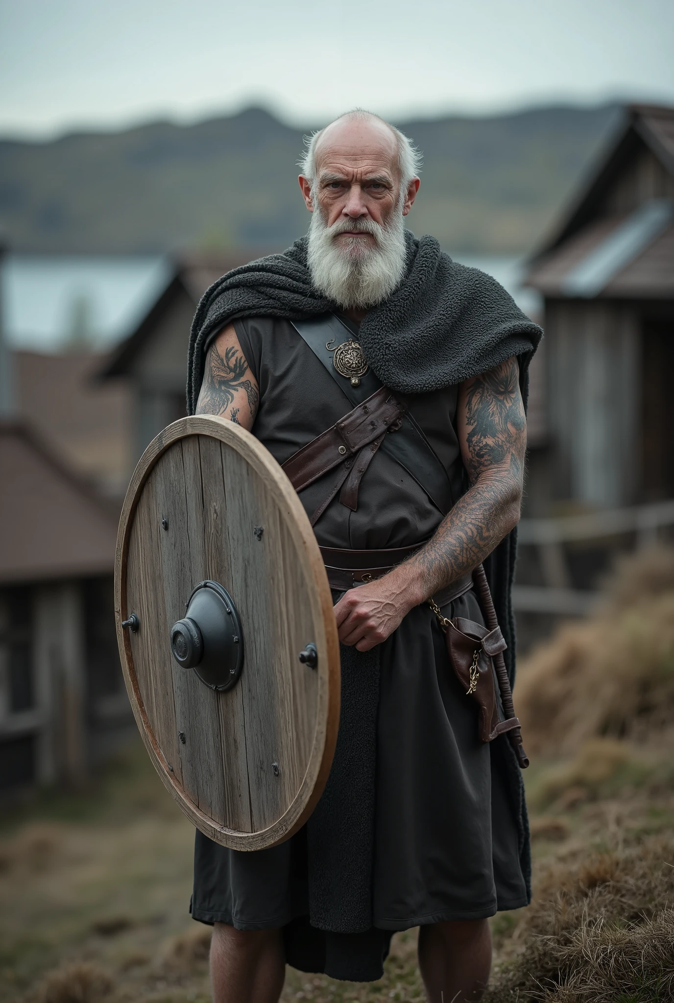 por favor, draw for me a bald warrior on the top of his head but with hair on the sides, 69-year-old, small beard, Nordic, almost totally white hair, thin with tattoos on his arms, detailed facial features, serious expression, holding a thin wooden shield, wearing light armor, In a primitive Norse village, (Best Quality,8k,high resolution,obra-prima:1.2),Ultra-detailed,realista,photo-realistic:1.37,dramatic lighting,cinematic,fantasia,dark atmosphere, closer look
