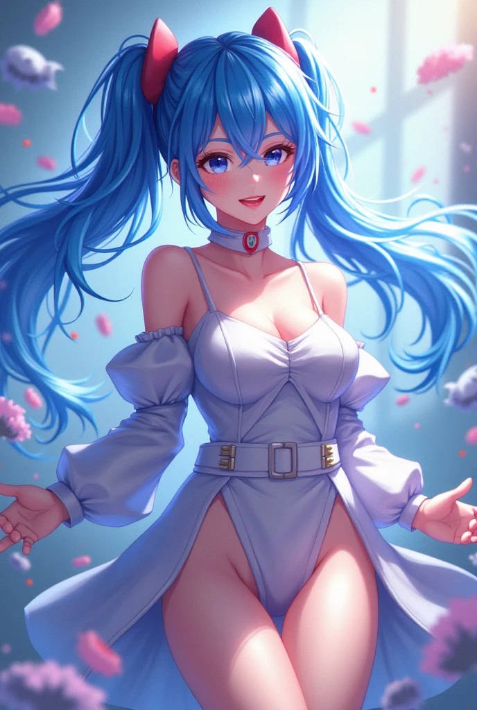 Real beautiful biracial latina woman, light blue hair, light blue eyes,large breasts, wear cosplay akatsuki suit, landmark of uchiwa, photo realist
